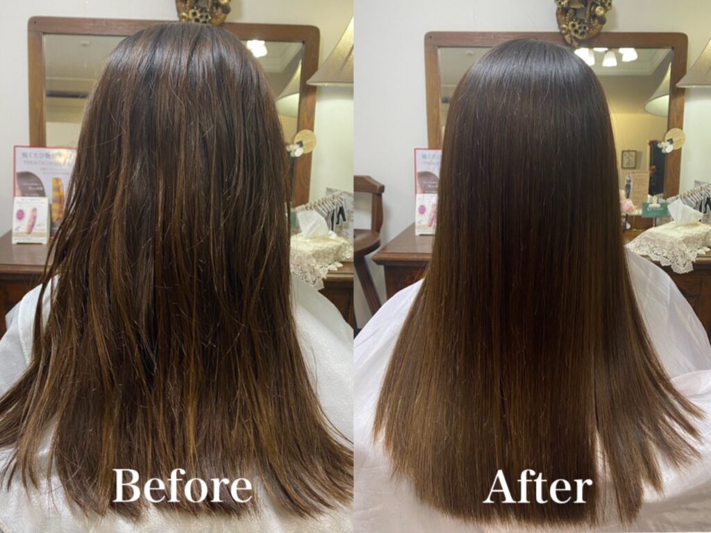 髪質改善で広がりを整え、毛先までなめらかに仕上げたブラウンロングヘアのビフォーアフター