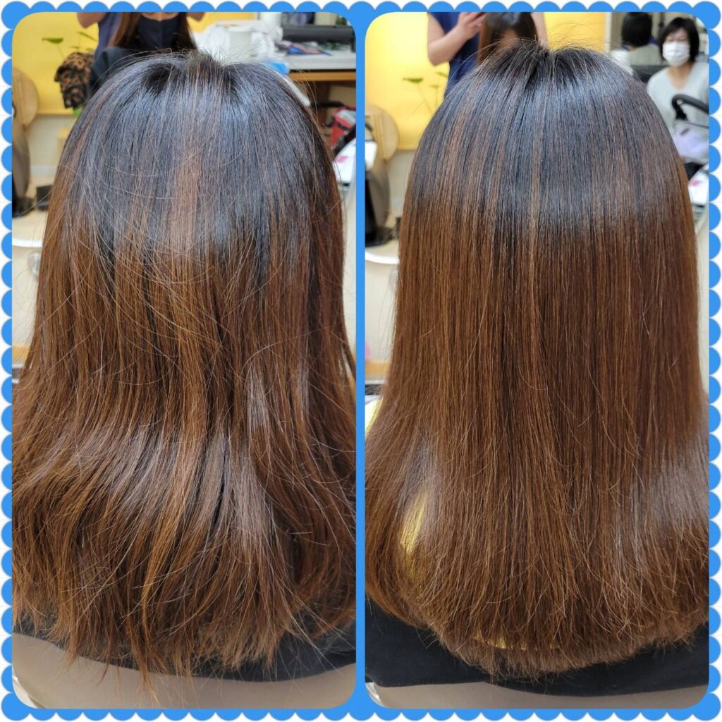 髪質改善でブラウン系ミディアムヘアの広がりを整え、ツヤとまとまりのある髪に仕上げた施術前後