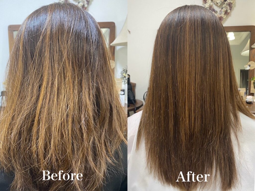 髪質改善で広がりを抑え、毛先までなめらかに整えた明るいブラウンロングヘアのビフォーアフター