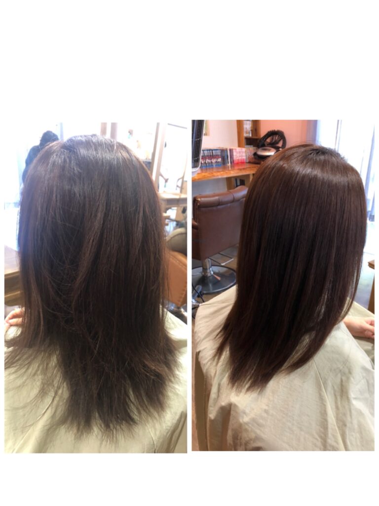 髪質改善の施術前に広がりが見られたミディアムヘアと、施術後に毛先までまとまった髪の比較